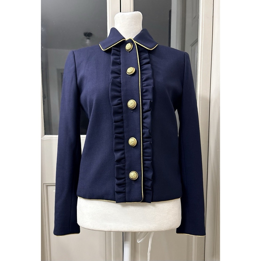 2016 J Crew Lady Ruffle Wool Blend Jacket Blazer Navy Gold Piping Military US 2